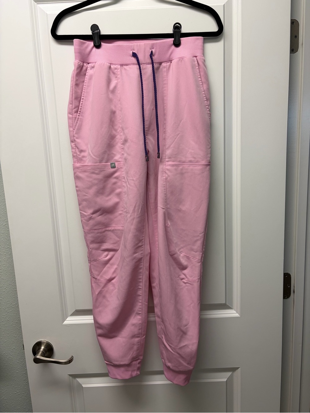 Fabletics Light Pink Scrub Jogger Pants with Purple Drawstring